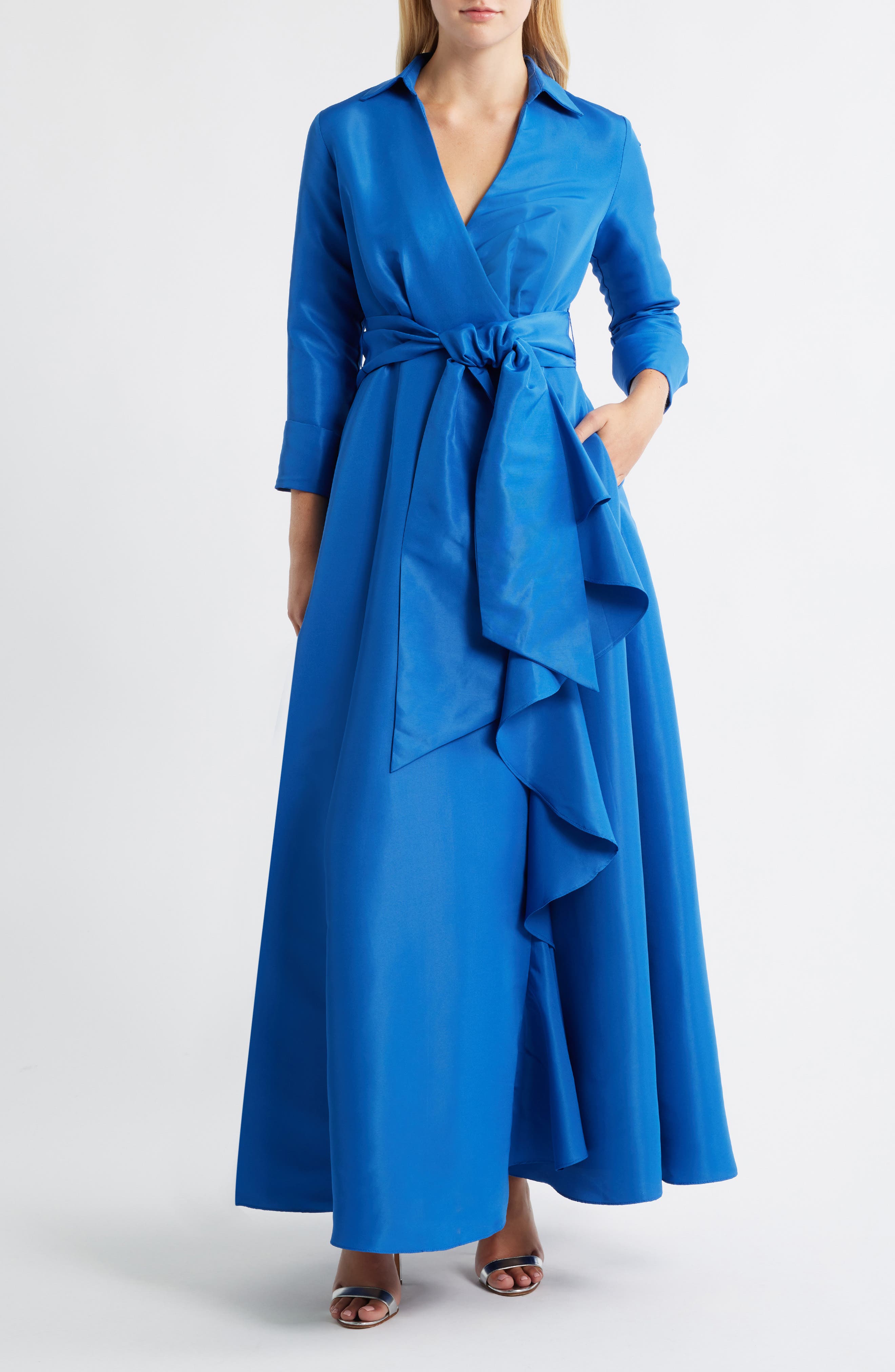 Betsy & Adam Long Sleeve Taffeta Gown