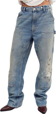 Free People Emily High Waist Ripped Wide Leg Carpenter Jeans