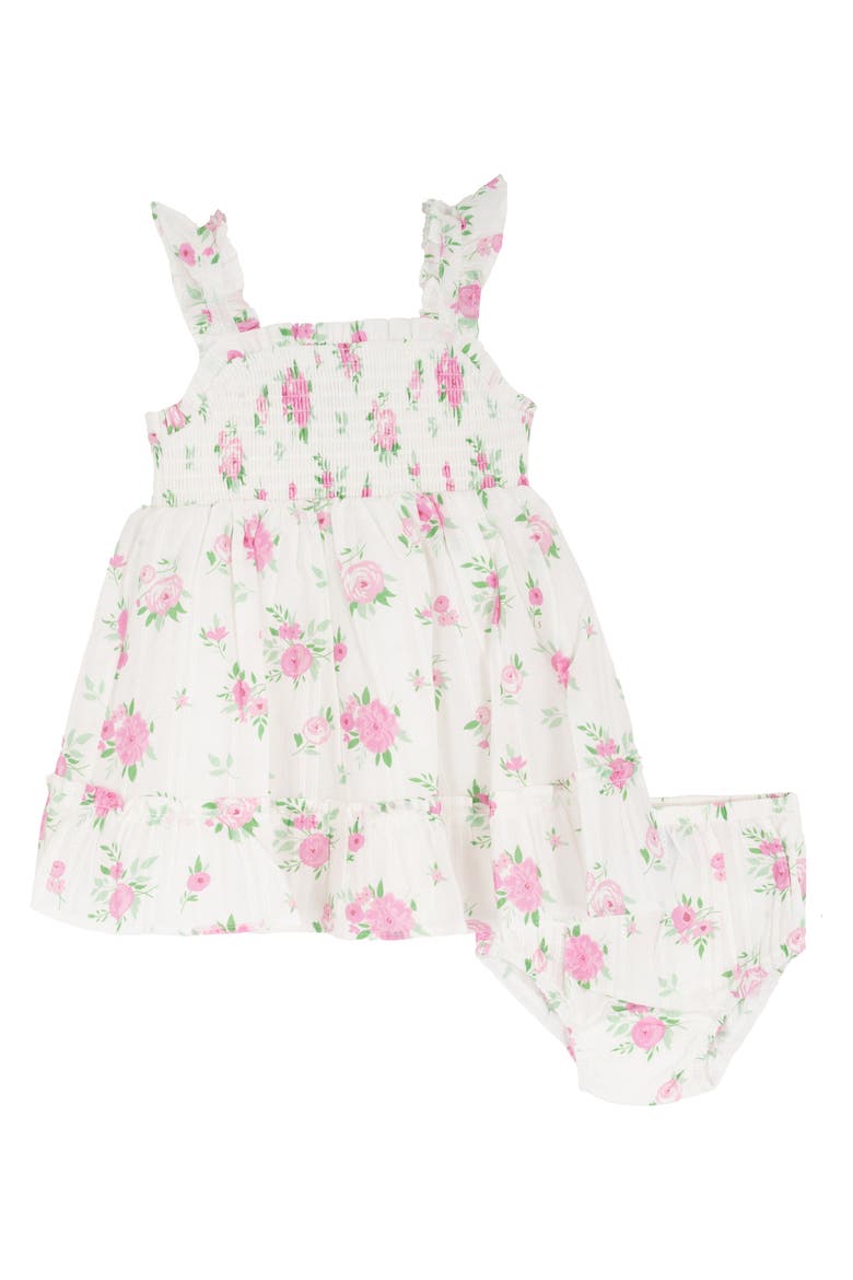 Floral Gauze Smocked Dress & Bloomers, Alternate, color, WHITE
