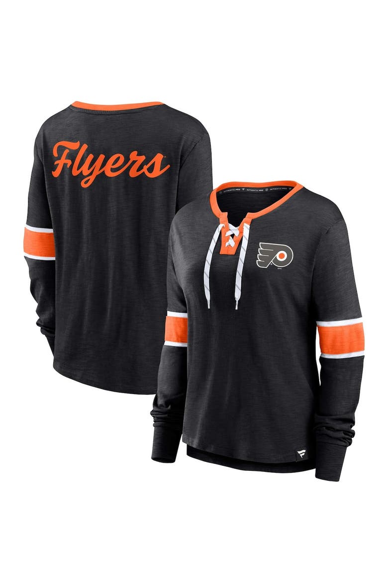 Women's Fanatics Branded Black Philadelphia Flyers Effervescent Exclusive Lace-Up Long Sleeve T-Shirt, Main, color, Black
