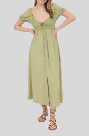 Blu Pepper Puff Sleeve Smocked Midi Dress In Green