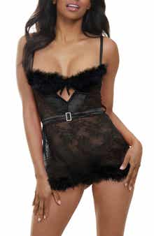 Seven ‘til Midnight Feather Trim Lace Babydoll & G-String Set
