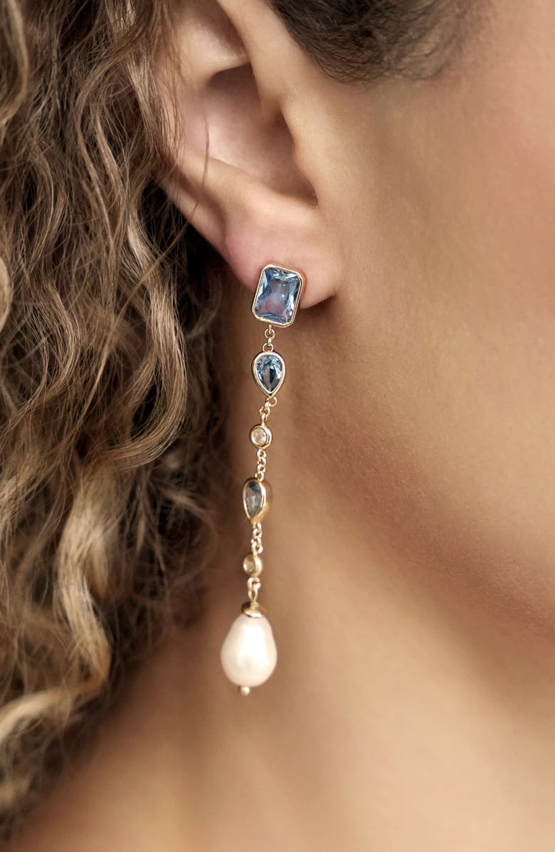 Ettika Gleaming Cubic Zirconia Linear Earrings, Alternate, color, Blue