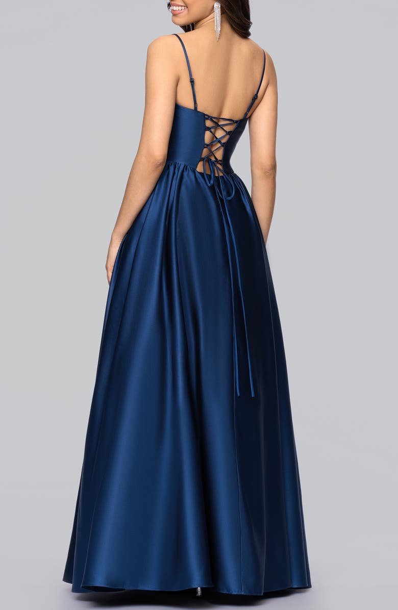 Blondie Nites Basque Waist Satin Gown, Alternate, color, Cadet Blue