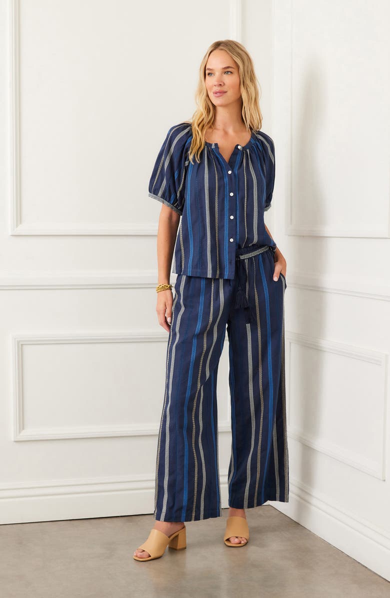 Karen Kane Stripe Embroidered Wide Leg Cotton Pants, Alternate, color, Blue Multi