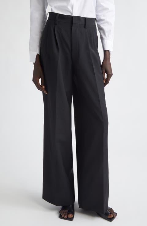 High Waist Pleated Wool & Mohair Wide Leg Pants