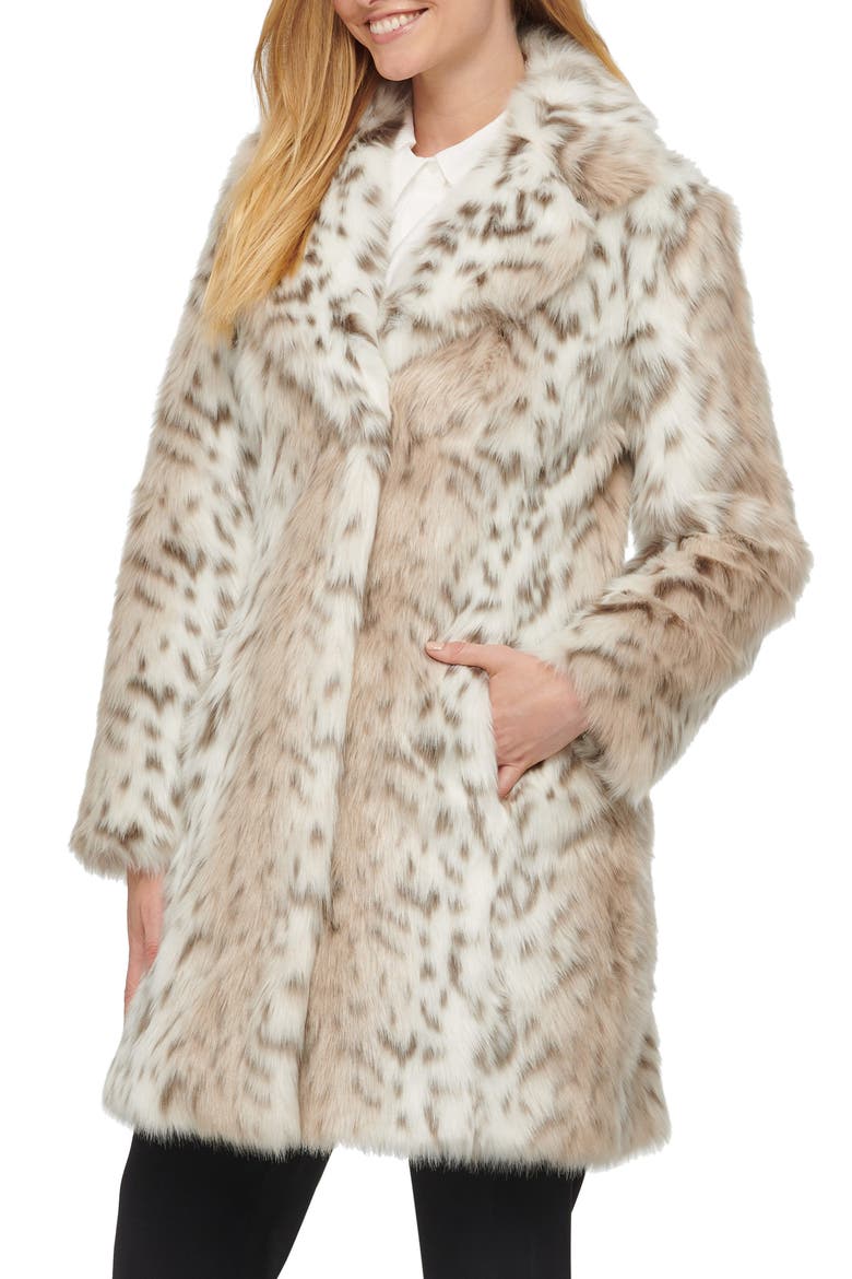 Notch Collar Faux Fur Coat, Main, color, LEOPARD