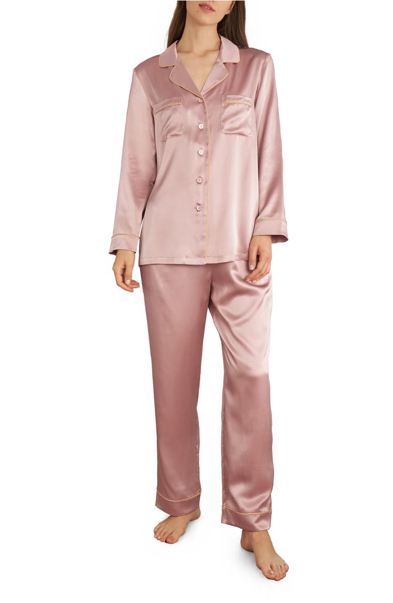 Lilysilk Gold Piping Silk Pajamas Set, Main, color, Rosy Pink