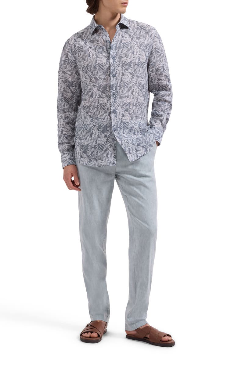 Bugatchi Julian Shaped Fit Palm Leaf Print Linen Button-Up Shirt, Alternate, color, Navy