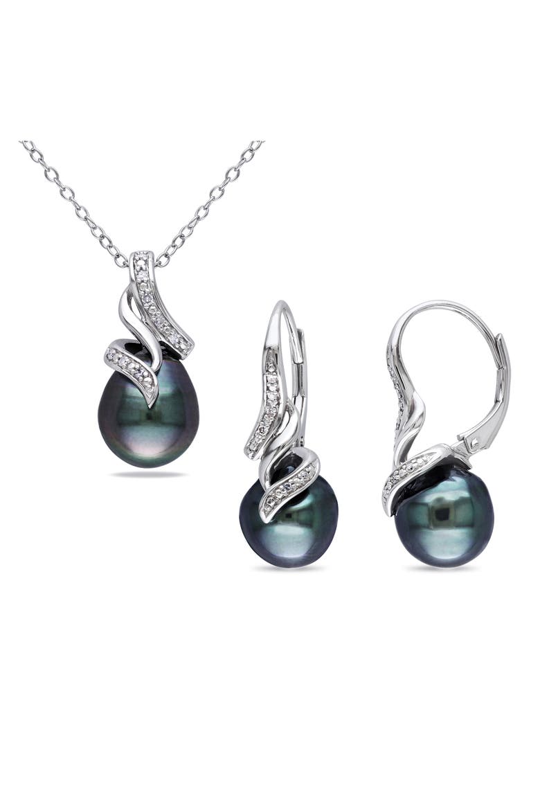 9-9.5mm Black Tahitian Pearl & Diamond Pendant Necklace & Earrings Set, Main, color, BLACK