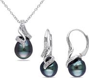 DELMAR 9-9.5mm Black Tahitian Pearl & Diamond Pendant Necklace & Earrings Set