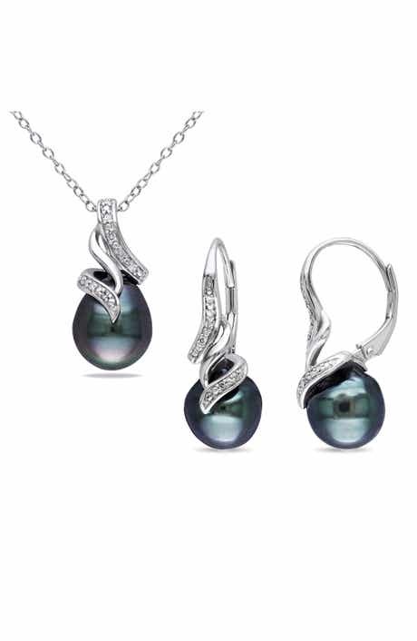 DELMAR 9-9.5mm Black Tahitian Pearl & Diamond Pendant Necklace & Earrings Set