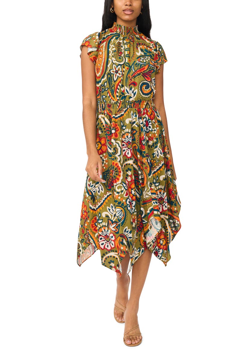 Smocked Neck Handkerchief Hem Midi Dress, Main, color, OLIVE MOSS