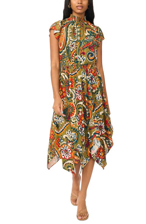 Smocked Neck Handkerchief Hem Midi Dress