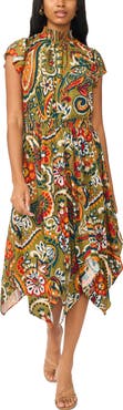MSK Smocked Neck Handkerchief Hem Midi Dress