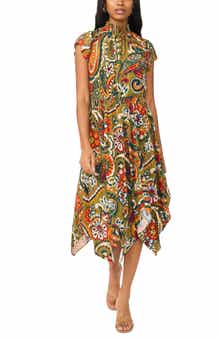 Smocked Neck Handkerchief Hem Midi Dress