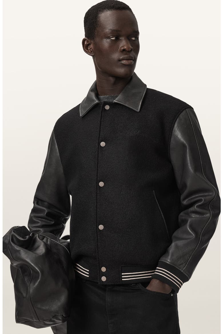 Vanson Wool & Leather Bomber Jacket, Alternate, color, BLACK