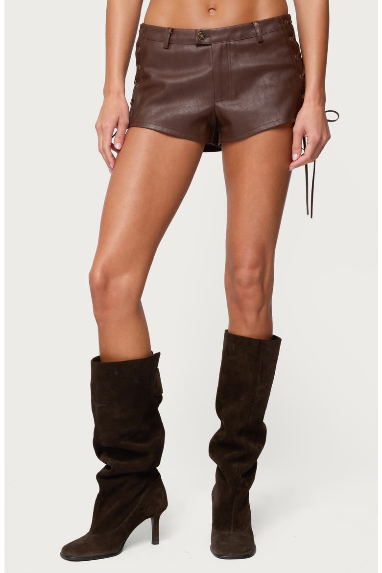 Kariss Lace Up Faux Leather Mini Shorts, Main, color, BROWN
