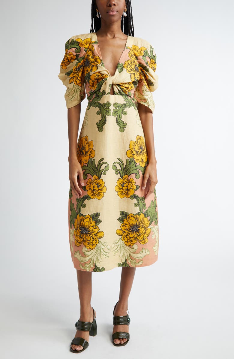 FARM Rio Delicate Flower Arabesques Linen Midi Dress, Main, color,