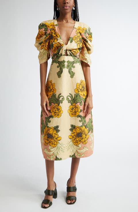 Delicate Flower Arabesques Linen Midi Dress