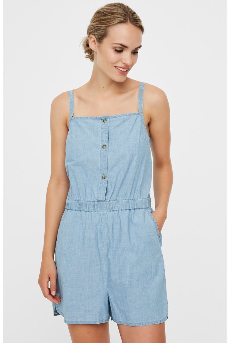 Cary Chambray Organic Cotton Romper, Alternate, color, LIGHT BLUE DENIM