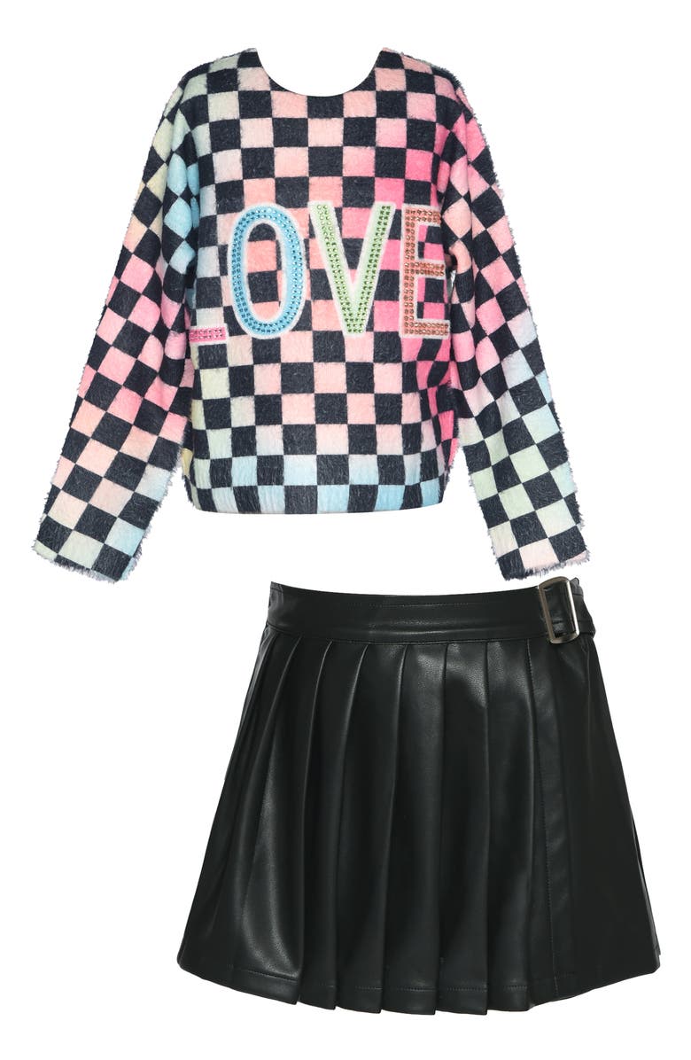 Truly Me Kids' Checkerboard Print Sweater & Faux Leather Skort Set, Main, color,