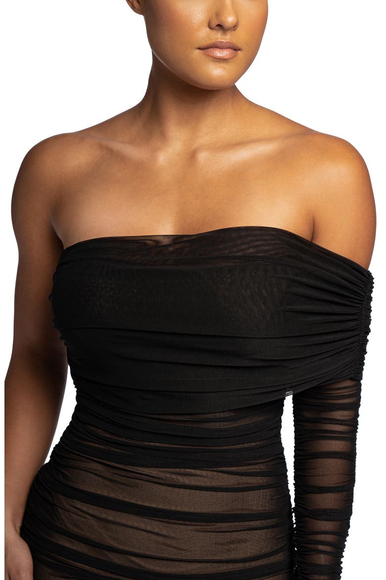 Ruched One-Shoulder Midi Dress, Alternate, color, BLACK