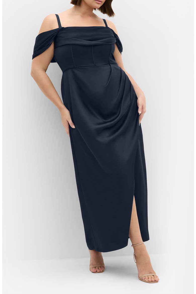 Forbidden Off the Shoulder Maxi Dress, Main, color, NAVY