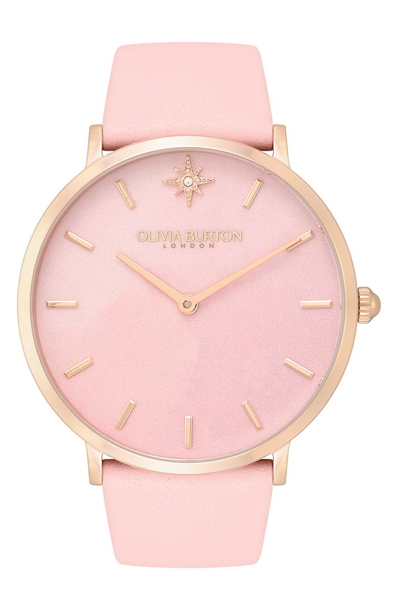 Olivia Burton Celestial Leather Strap Watch, 40mm, Main, color, Rose