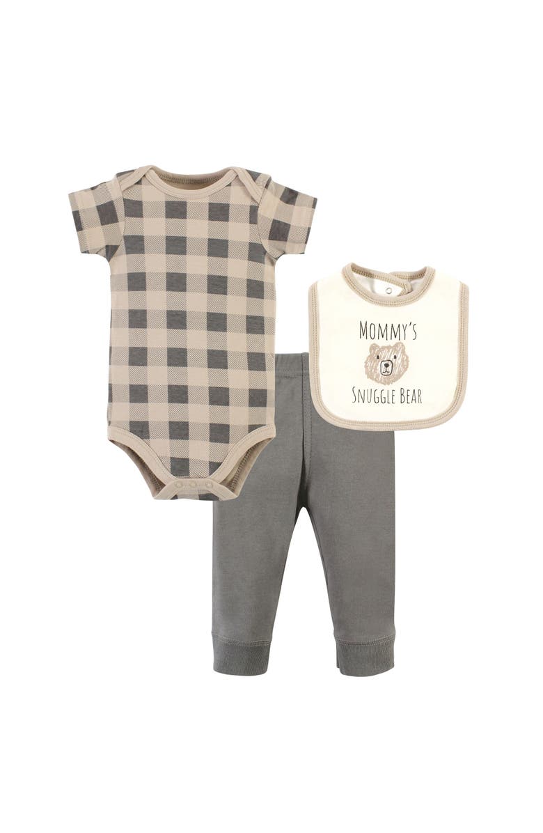 Hudson Baby Cotton Bodysuit, Pant and Bib Set, Main, color, Snuggle Bear