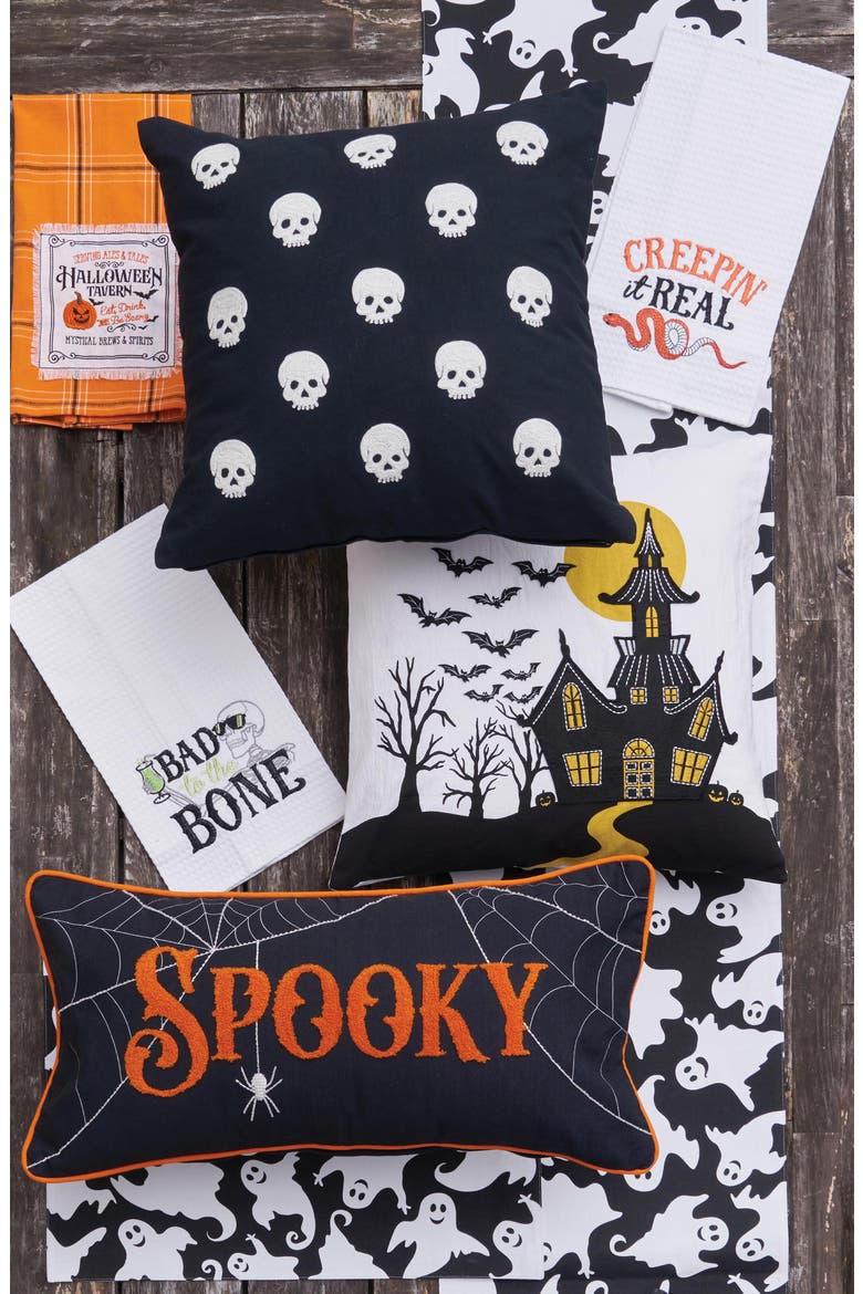 House & Flying Bats Cotton Blend Halloween Accent Throw Pillow 18" x 18", Alternate, color, Black
