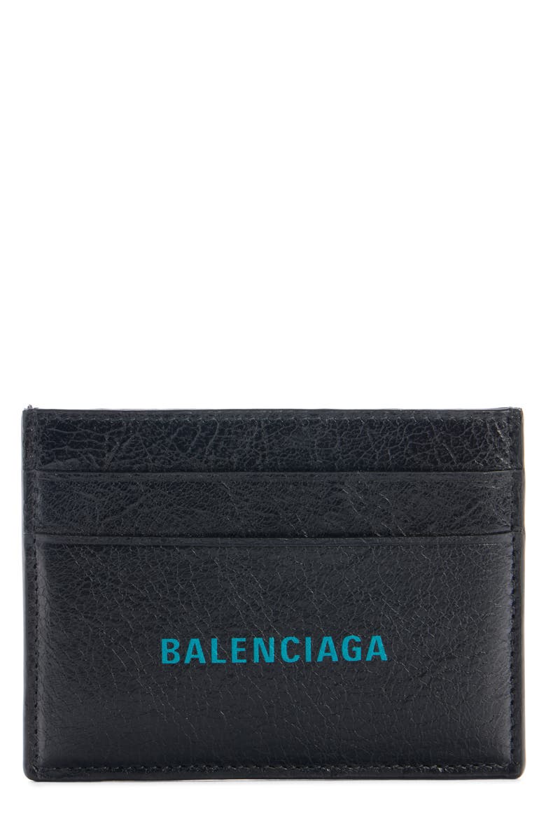 Cash Logo Leather Card Case, Main, color, BLACK/ L SKY BLUE