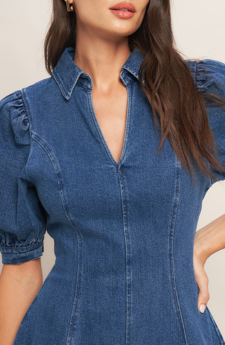 FLYING TOMATO Puff Sleeve Fit & Flare Denim Minidress, Alternate, color, Medium Indigo