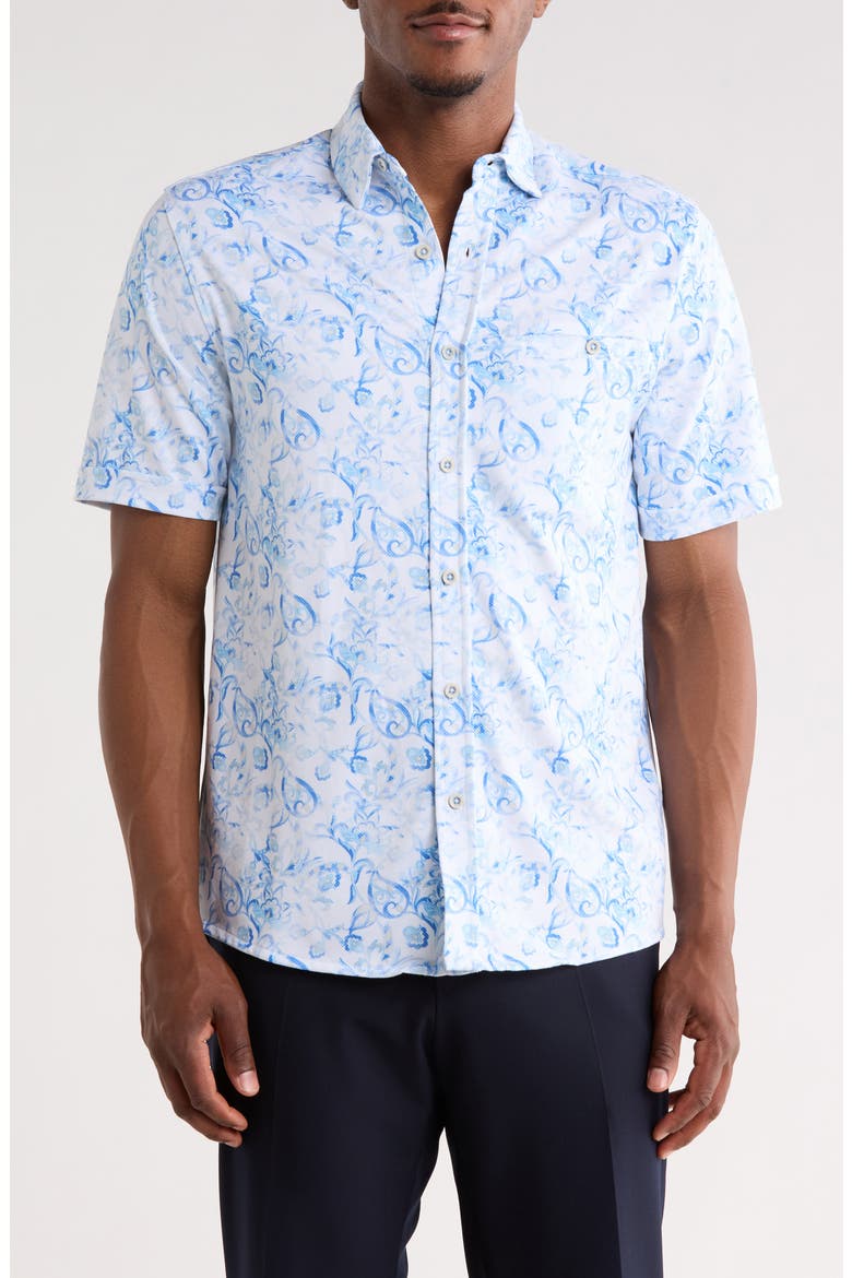 Birdseye Print Short Sleeve Button-Up Shirt, Main, color, SKY
