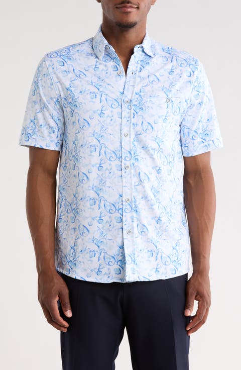 Birdseye Print Short Sleeve Button-Up Shirt