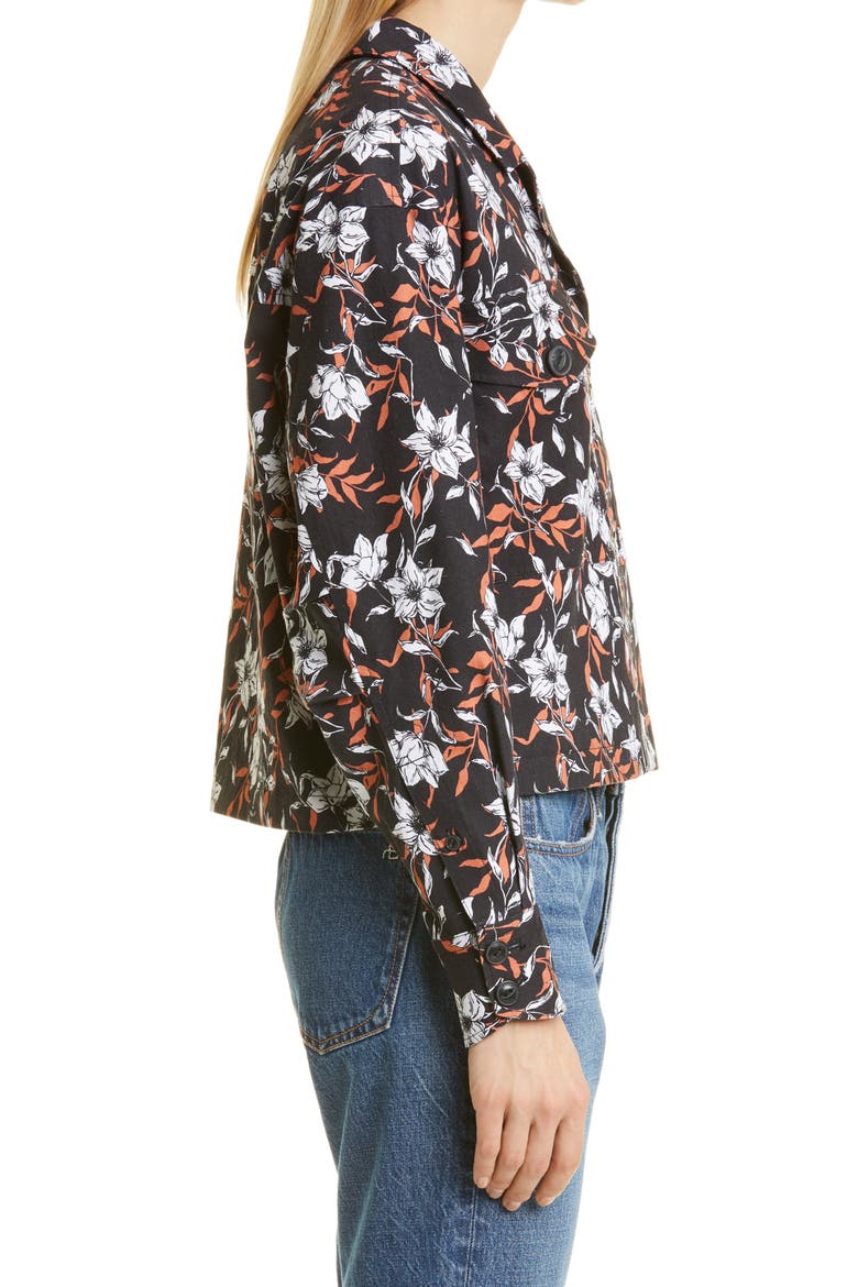 Jessie Floral Print Linen Blend Shirt Jacket, Alternate, color, BLACK