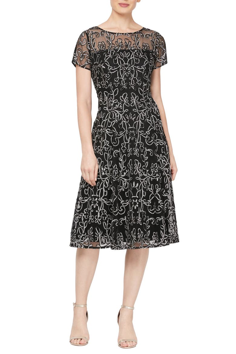 SLNY Sheer Yoke Soutache Dress, Main, color, BKI