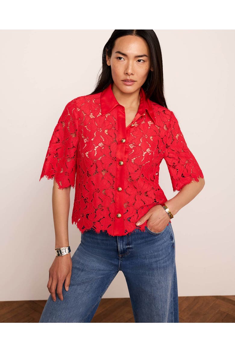 Lace Short Sleeve Cropped Shirt, Alternate, color, Red