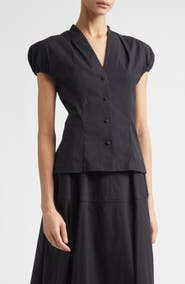 Lela Rose Cotton Poplin V-Neck Button-Up Shirt