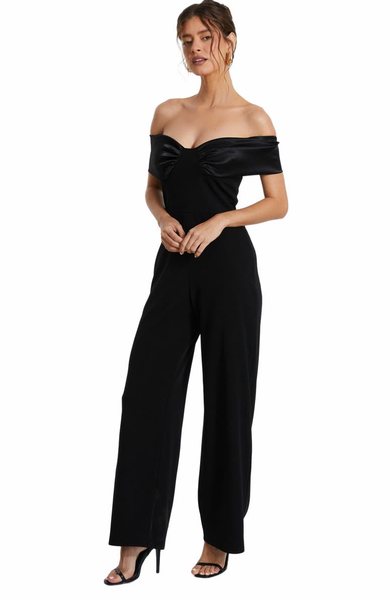 QUIZ Bardot Scuba Crepe Jumpsuit With Satin Trim, Alternate, color, 