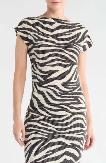 Renee C Zebra Stripe Cap Sleeve Ribbed Top in Black Multi at Nordstrom Rack, Size X-Small