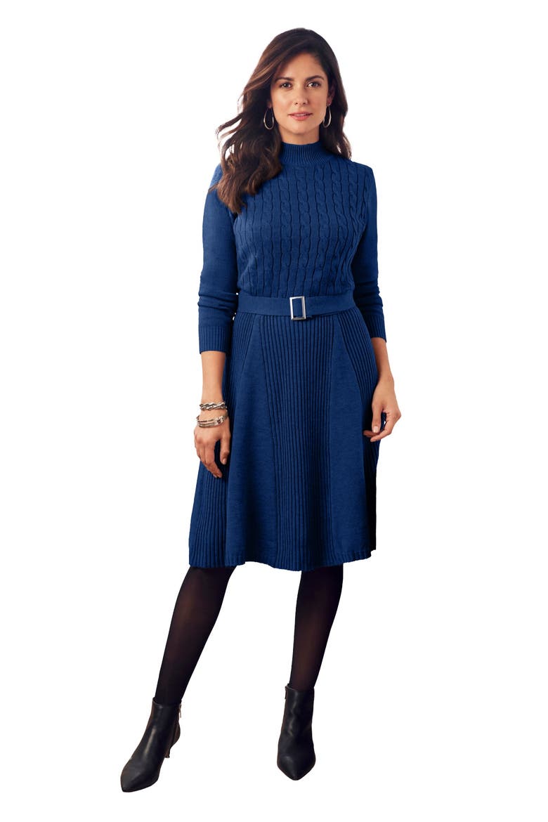 Belted Cable Sweater Dress, Main, color, EVENING BLUE