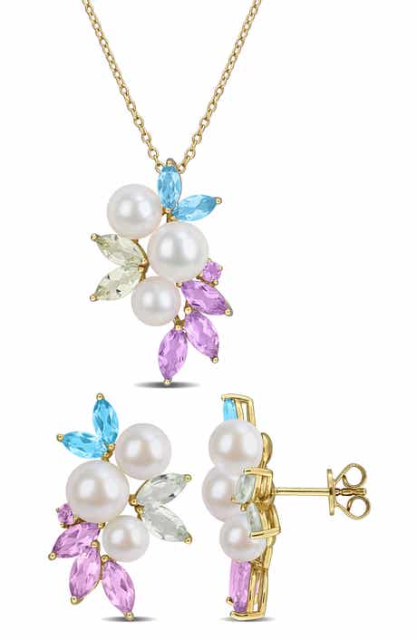 DELMAR 7.5-8mm Cultured Freshwater Pearl & Gemstone Cluster Earrings & Necklace Set