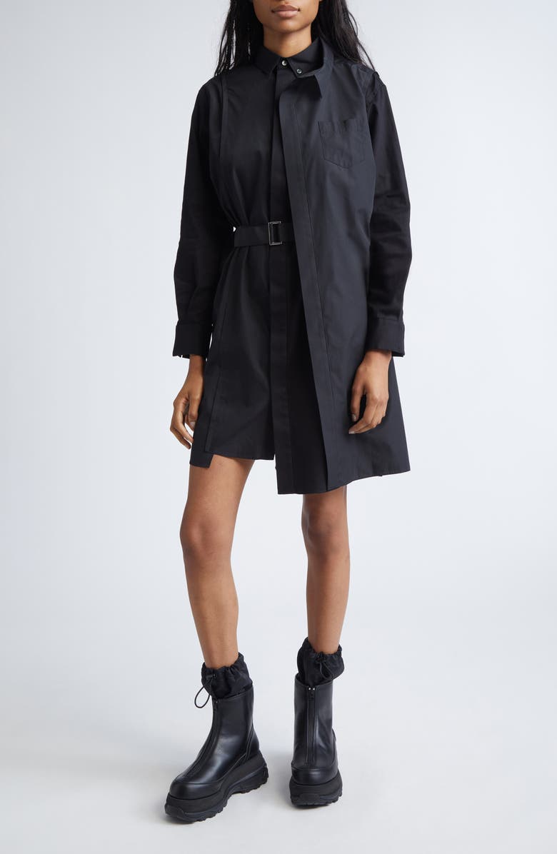 Sacai Belted Long Sleeve Poplin Shirtdress, Main, color, Black