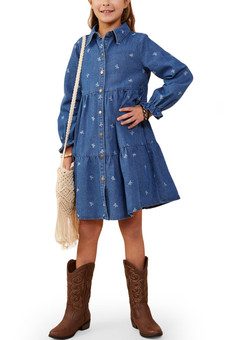 Kids' Bow Print Denim Tiered Shirtdress, Main, color, MID DENIM