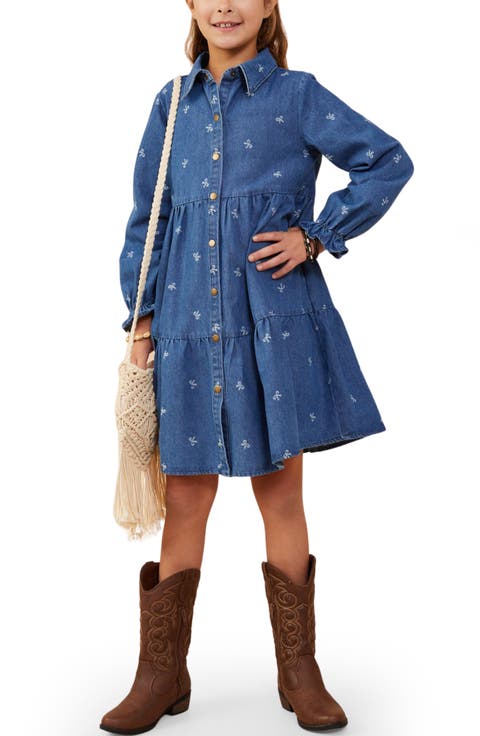 Kids' Bow Print Denim Tiered Shirtdress