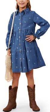 Hayden Girls Kids' Bow Print Denim Tiered Shirtdress
