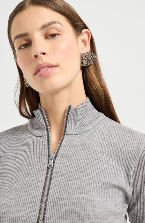 Brunello Cucinelli Ribbed Zip-neck Top In Gray