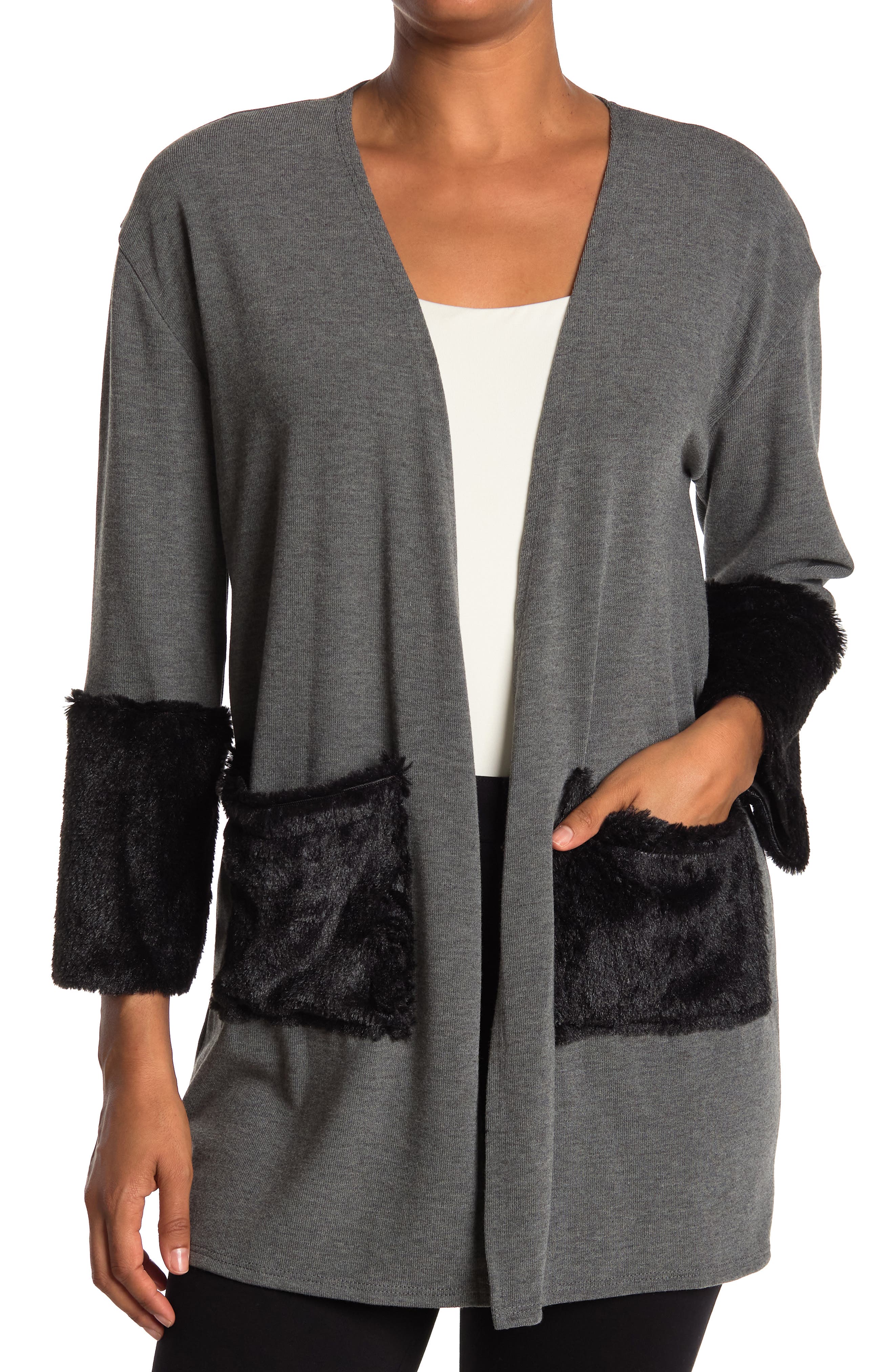 GO COUTURE Long Sleeve Double Stitch Faux Fur Cardigan