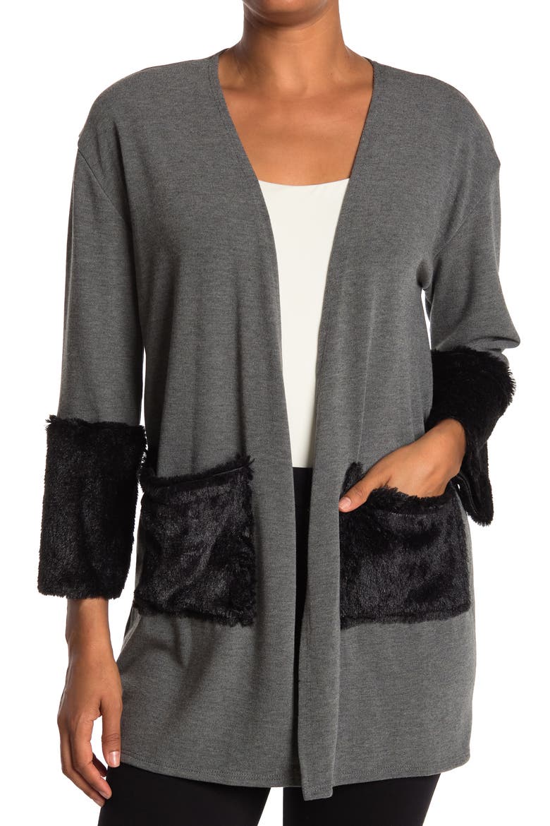Long Sleeve Double Stitch Faux Fur Cardigan, Main, color, CHARCOAL BTTM BLACK